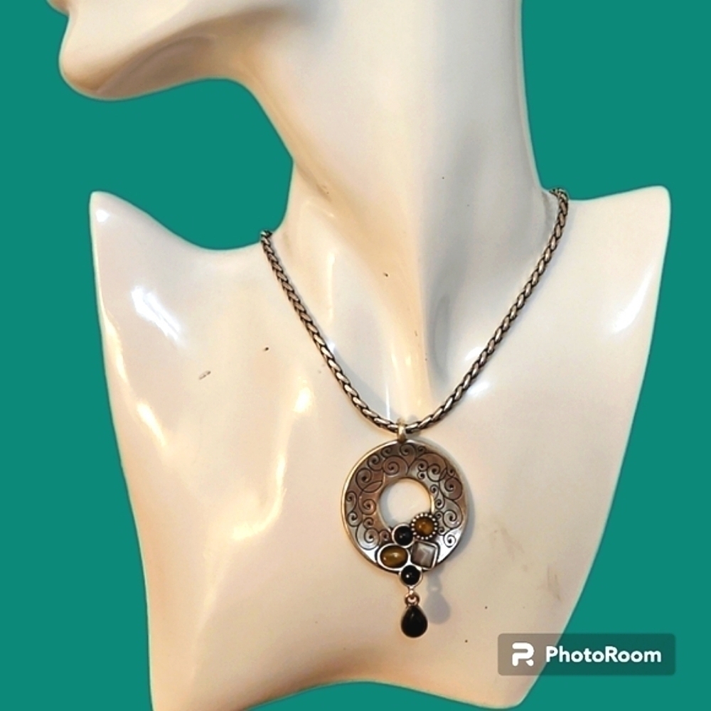 BRIGHTON Silver Plated Eye of the Tiger Gemstone Circle Pendant Necklace